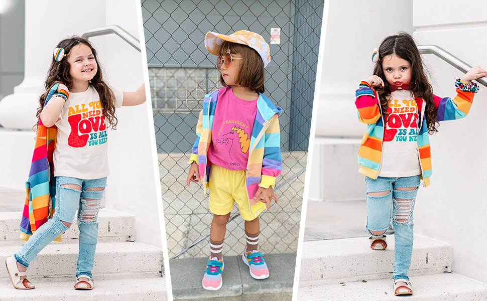 Rainbow stripe mutilcolor zipper hooded sweatshirt for toddler girls