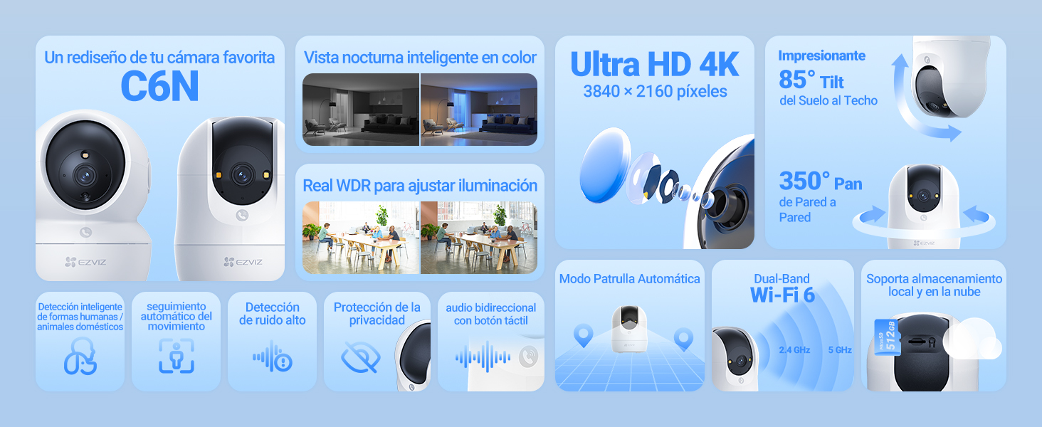 El texto dice «C6N» y «Ultra HD 4K». Pantalla con funciones ampliadas del sistema de cámaras de seguridad, que muestra las especificaciones y capacidades adicionales en español.