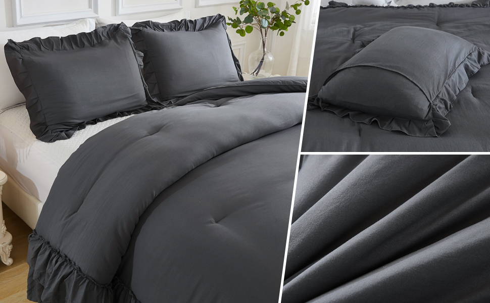 Andency Dark Grey Comforter Set Full, Gray Ruffle Shabby
