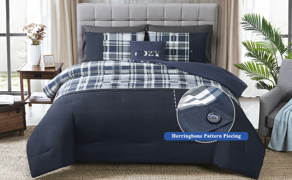 WRENSONGE Plaid Queen Comforter Set, 8 Pieces Blue Printed and Spliced Plaid Herringbone Bedding