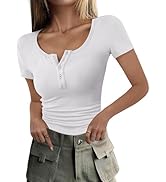 ANRABESS Womens 2025 Summer Short Sleeve Tops Ribbed Knit Henley Button Up Slim Fit Basic Casual ...