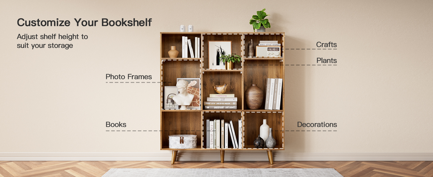 Pipishell 9Cube Bookshelf, Bookcase with 3 Height