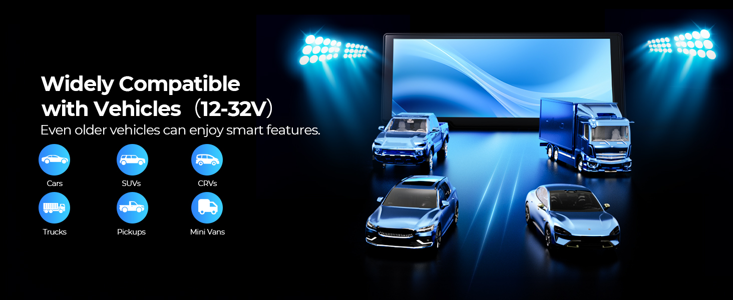 Vehicle compatibility display showing multiple car models and text '12-32V', indicating wide voltage range compatibility for an automotive product.
