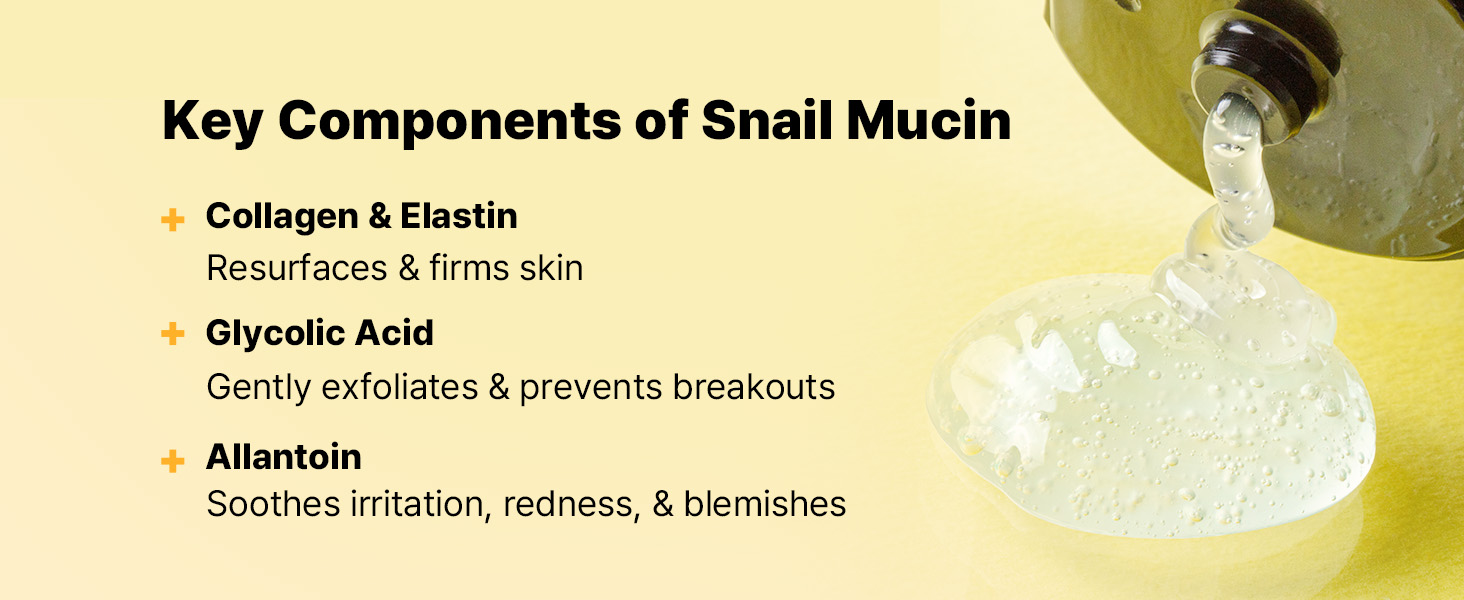 Key components of Snail Mucin, Colagen & Ellastin, Glycolic Acid & Allantoin