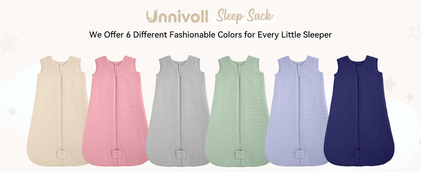 Unrivoli Schlafsäcke sind in sechs verschiedenen Farben erhältlich: Beige, Rosa, Grau, Mintgrün, Lavendel und Marineblau. Alle verfügen über ein ärmelloses Design