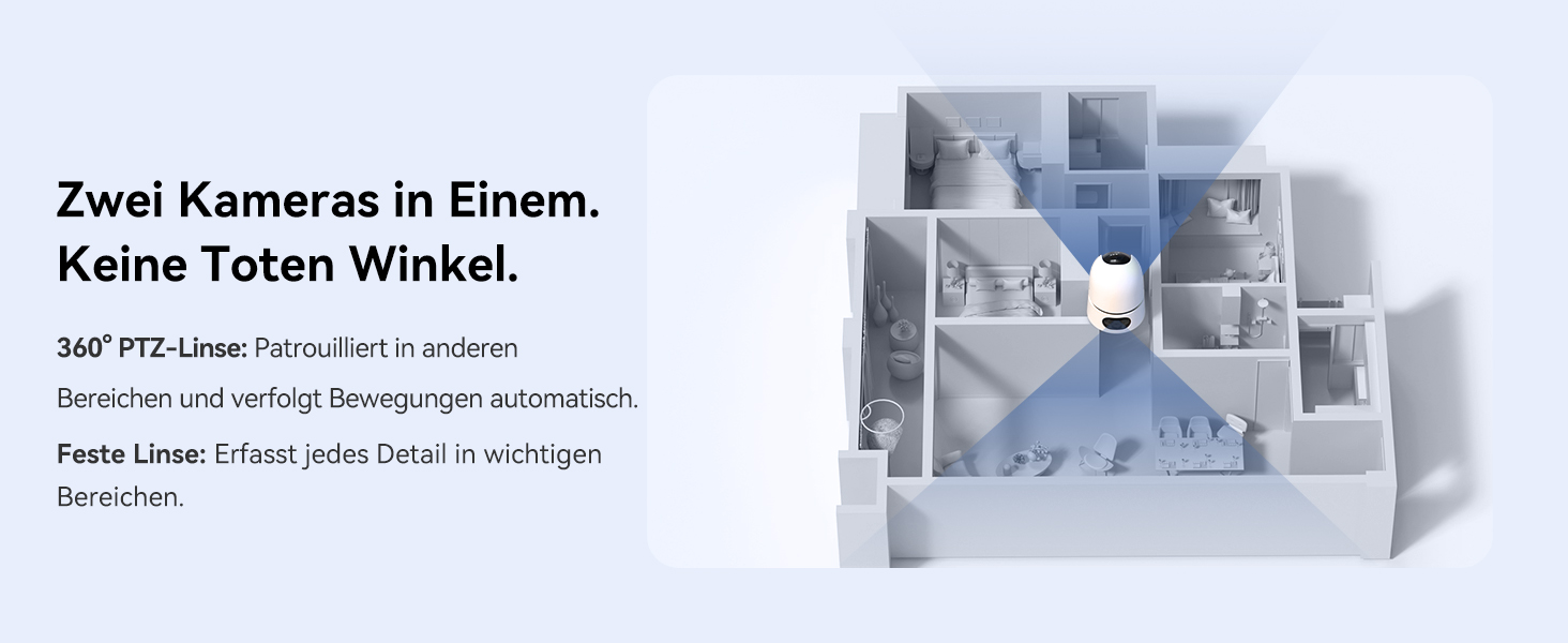 Der Text lautet „Zwei Kameras in einem“, „Keine Toten Winkel“, „360° PTC-Linse“. Produktdemonstration zur Sicherheitskamera, die die Weitwinkelabdeckungsmöglichkeiten in einem Graustufendiagramm zeigt.