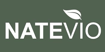 Logo textuel blanc « NATEVIO » sur fond vert avec une icône de feuille blanche stylisée à côté