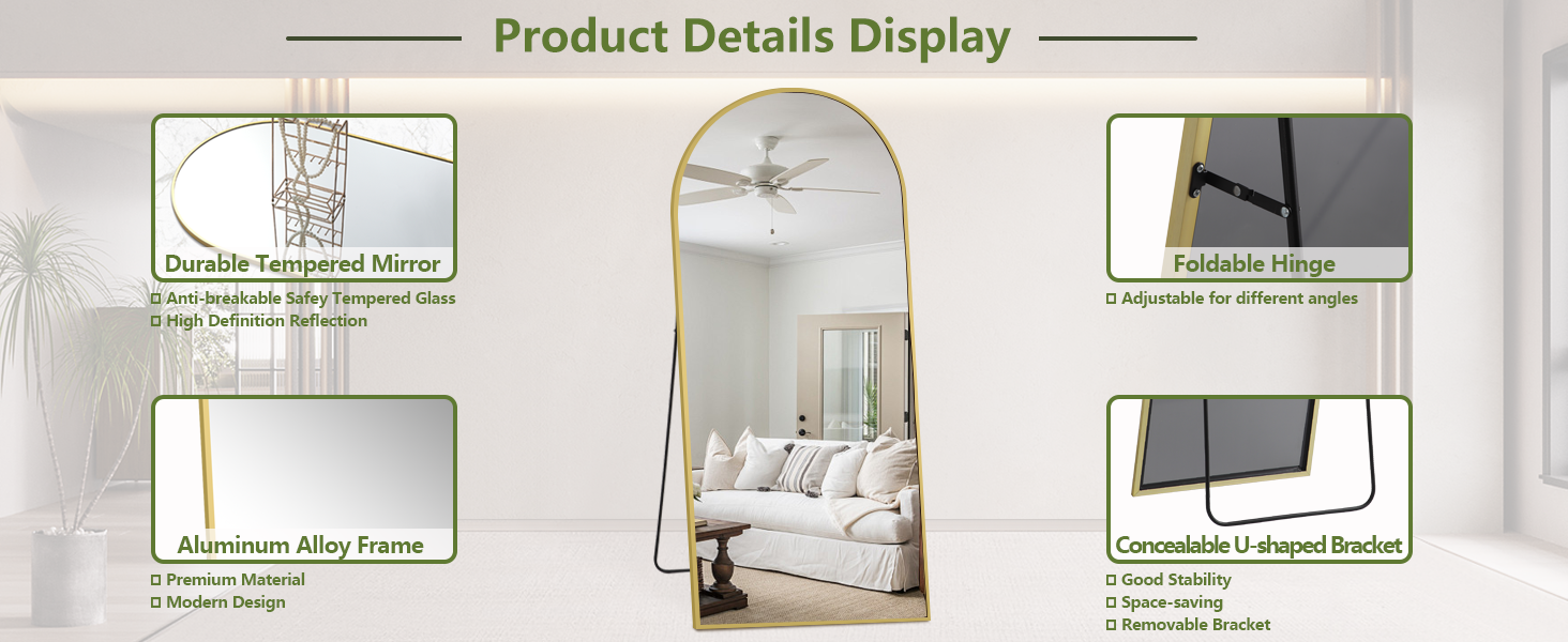 Large Arched Mirror - Full Length, Extra Large Floor Mirror for Bedroom, Living Room, Gym - Hanging or Leaning - Gold Frame