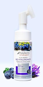 Acai Berry Foaming face wash cleanser with exfoliating scrub brush for men women, natural organic