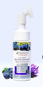 Acai Berry Foaming face wash cleanser with exfoliating scrub brush for men women, natural organic