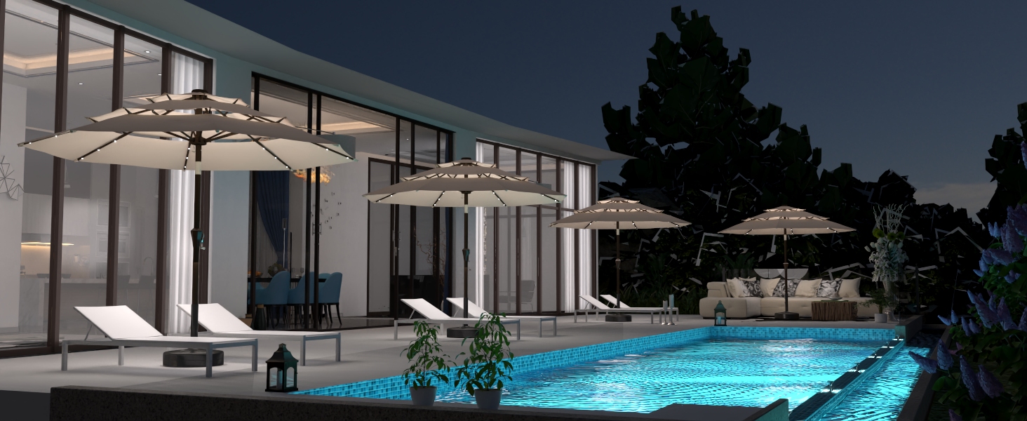 pool patio umbrella night