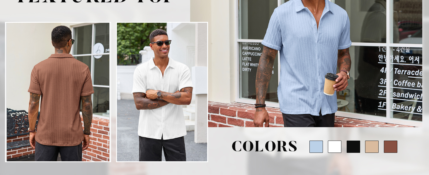 Men's Knit Shirts Cuban Collar Short Sleeve Button Down Tops Casual Summer Beach T-Shirts