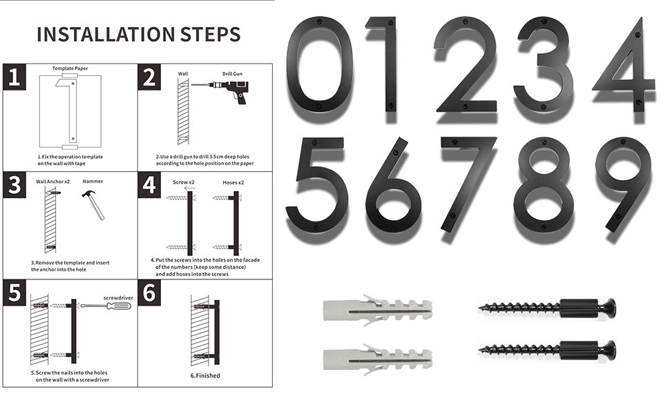 6inch Black Modern House Numbers, Floating Flush Wall