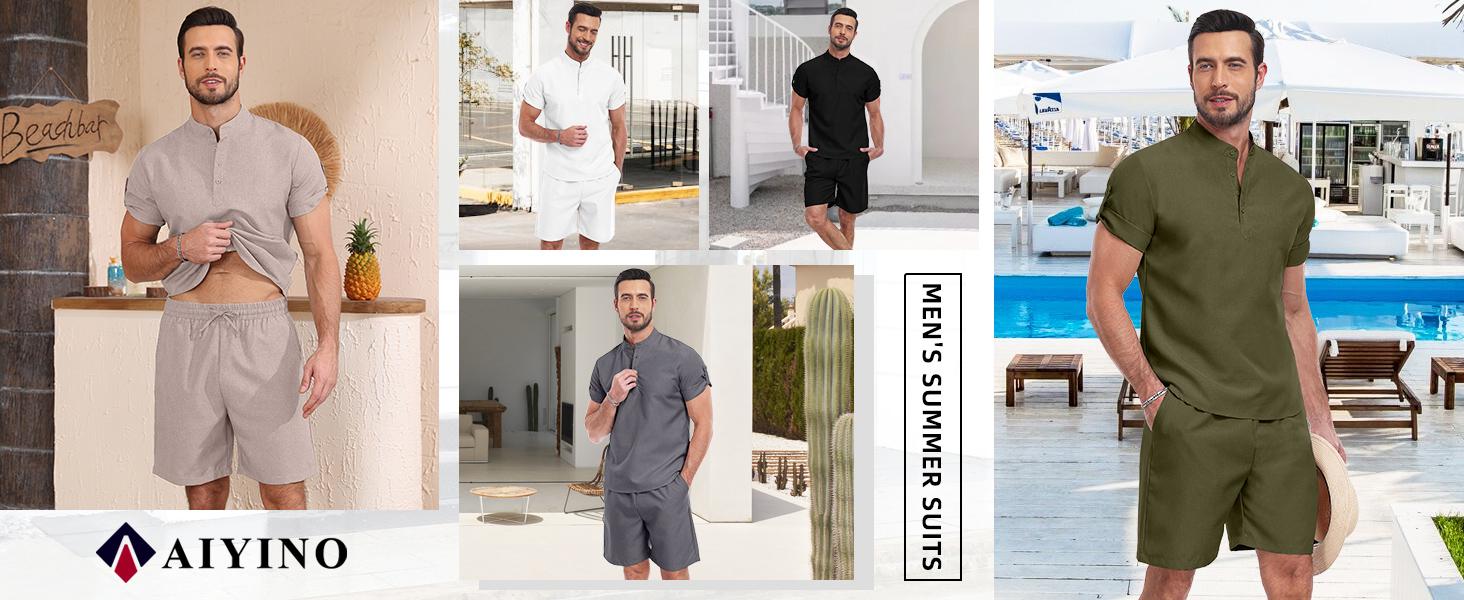 Mens Summer Henley Shirts and Shorts Sets