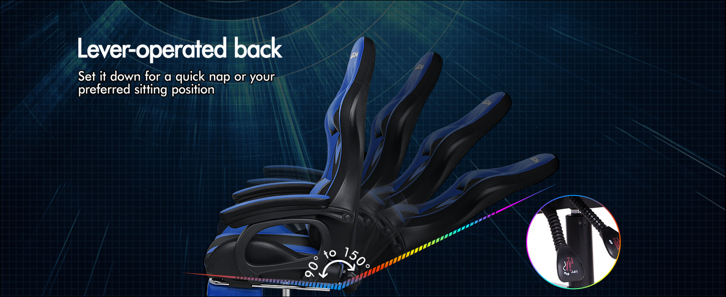 ELFORDSON Gaming Chair With RGB LED Light 8-Point Massage, Blue & Black 15 3-3