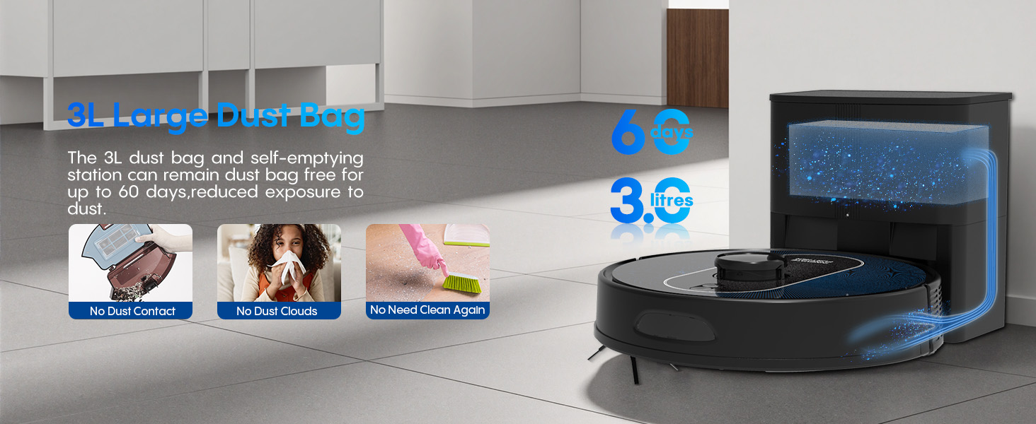 60 days hands free 3L Large Dust Bag self emptying robot vacuum