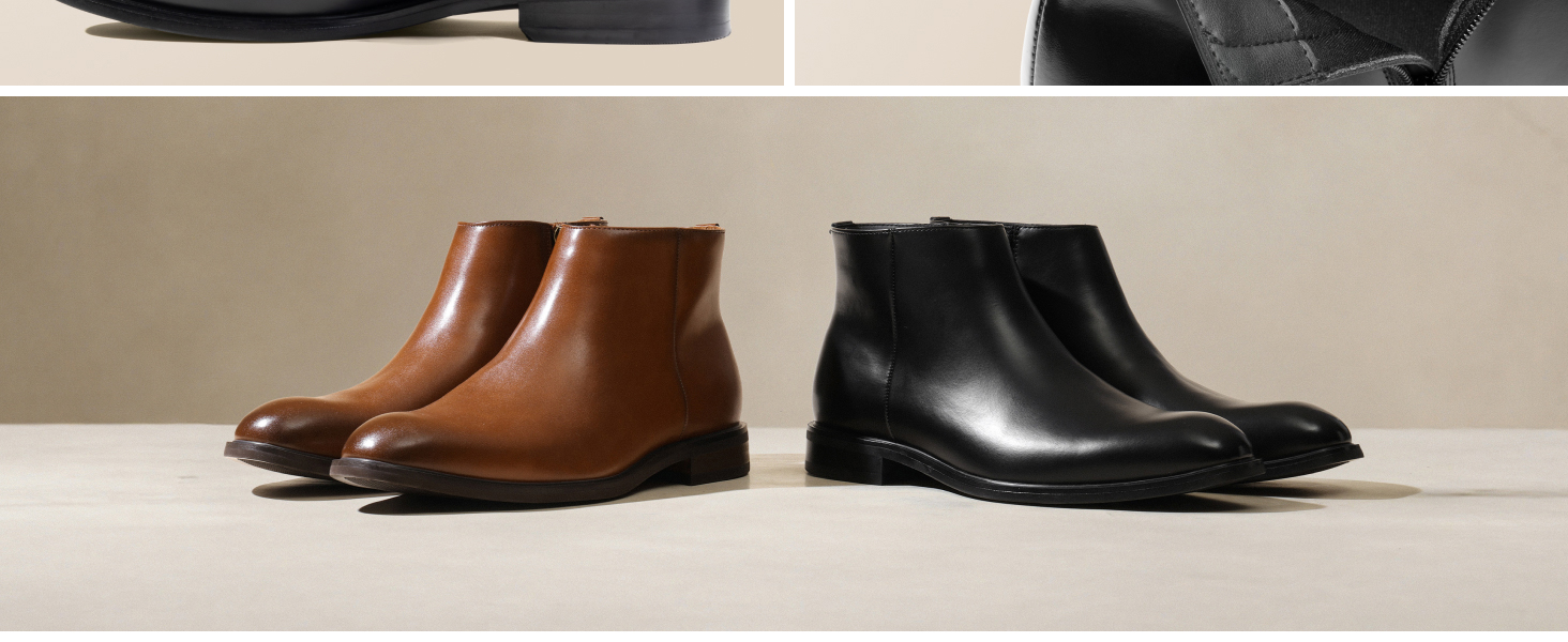 Two ankle boots displayed side by side - one in brown leather and one in black leather, both featuring a classic Chelsea boot design with elastic side panels.