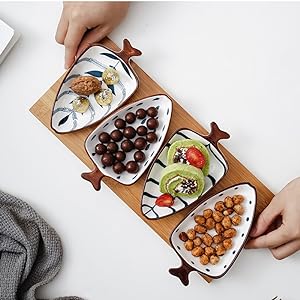 Ceramic Pinch Bowl with Bamboo Tray - Decorative Fish Shaped Chips and Dip Serving Dish Platters
