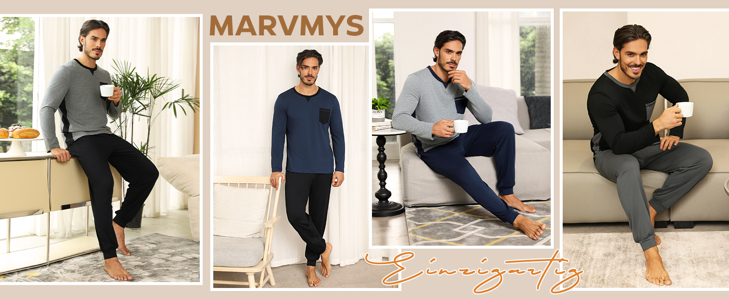 Herren Schlafanzug Lang Baumwolle Winter Pyjama Set Rundhals Schlafanzüge Männer Langarm