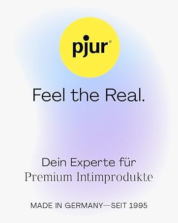 Advertisement for Pjur brand intimate products. Yellow circular logo with 'pjur' text. Tagline 'Feel the Real.' in English. Additional German text mentioning premium intimate products.