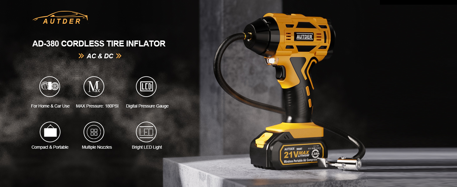 AUTDER Air Compressor Tyre Inflator Cordless Portable 21V Electric Air