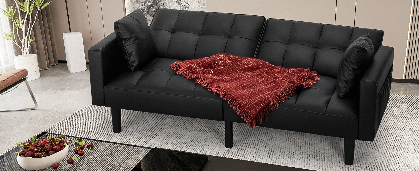 ECOTOUGE Faux Leather Futon Couch, Convertible Sofa Bed with Adjustable Back, Modern Sleeper Sofa