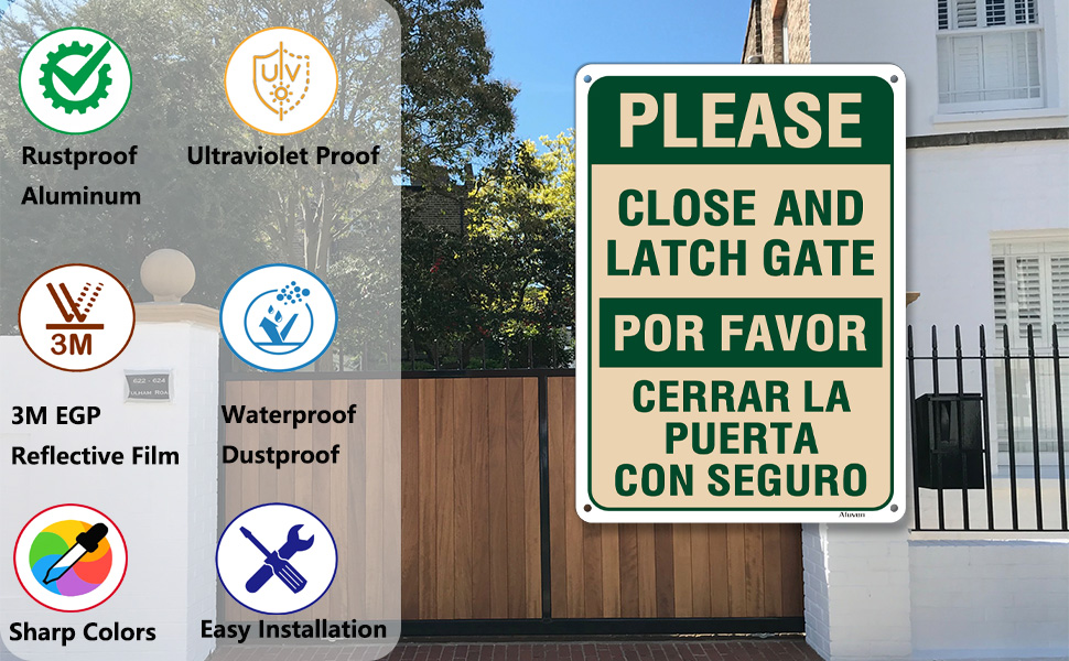 Please Close and Latch Gate Sign Bilingual English Spanish