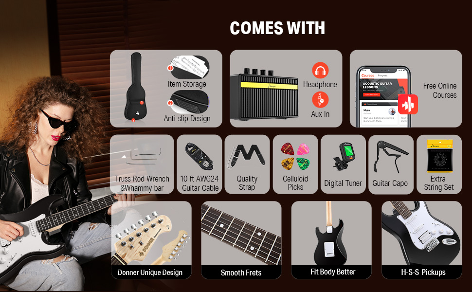 Donner 39 Inch Electric Guitar Beginner Kit Black FullSize Starter Package HSS Pick Up with All