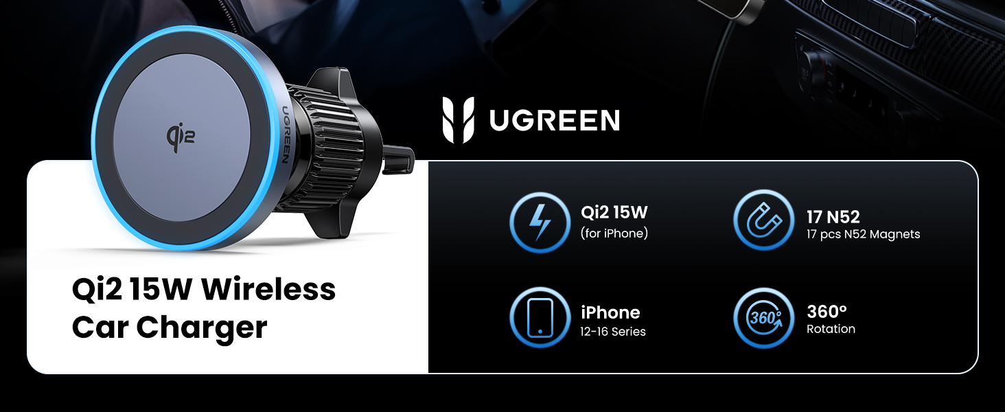 UGREEN Qi2 15W wireless car charger with blue LED ring. Features include IP7 water resistance and 360-degree rotation capability.