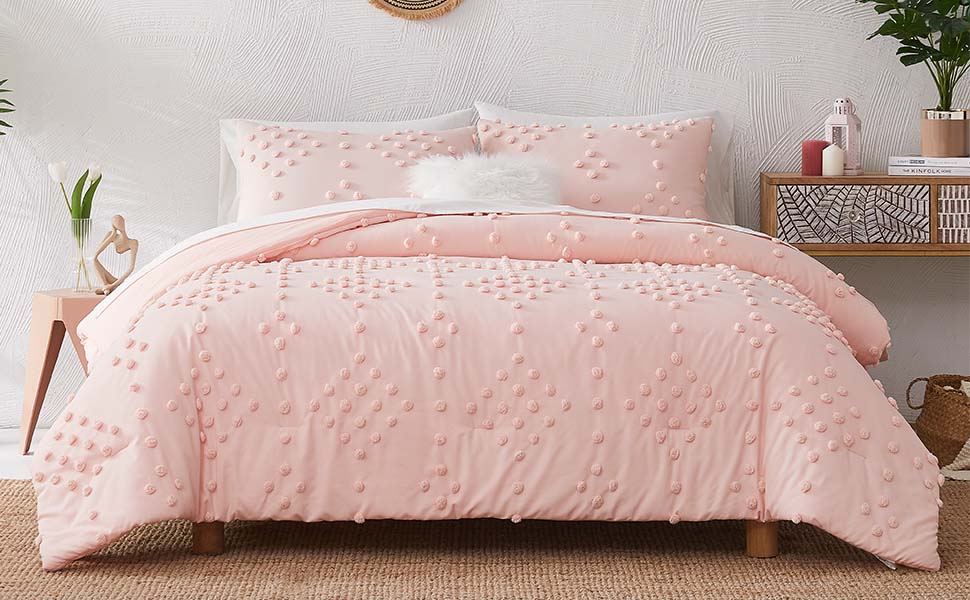 Geniospin Pink Comforter Set Queen, Pom Pom Tufted Pattern