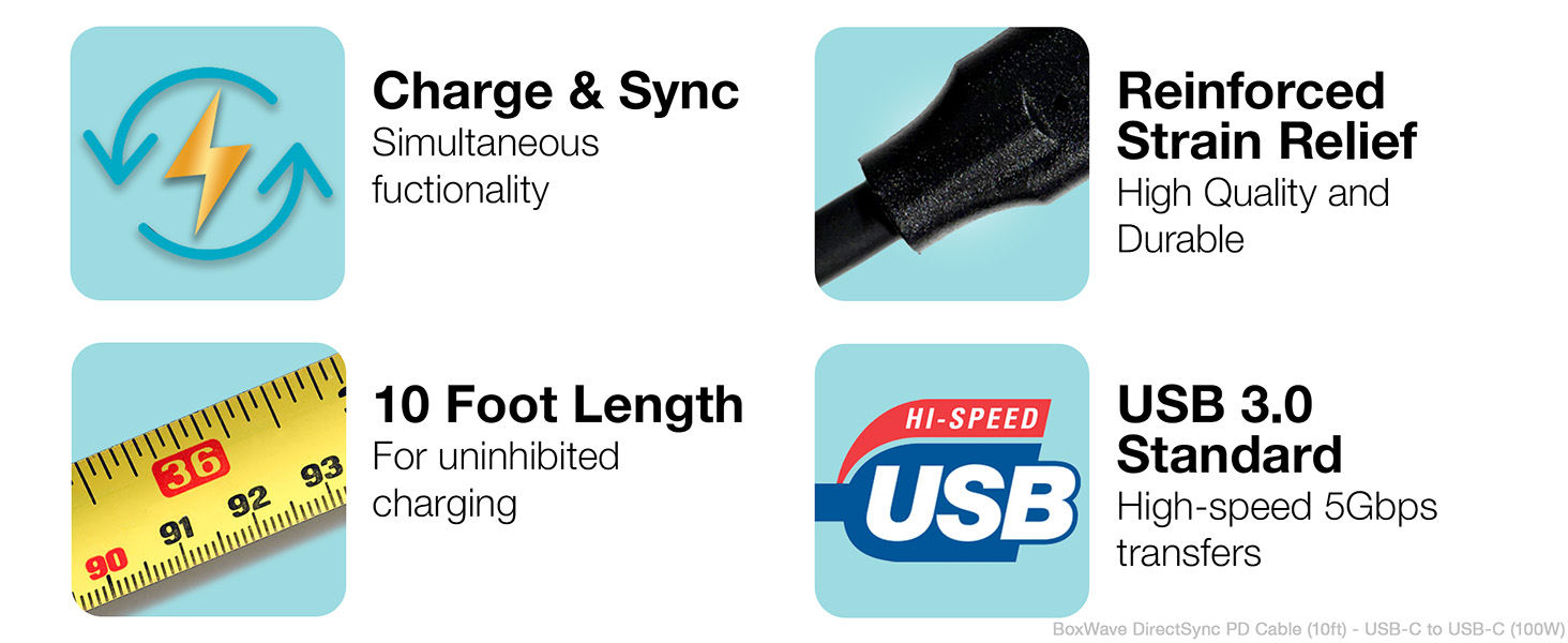 Features include simultaneous charger and sync, 10ft length, reinforced strain relief, USB 3.0