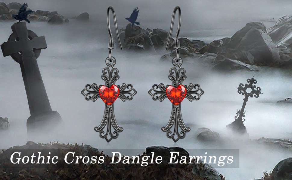 Gothic Cross Dangle Earrings S925 Sterling Silver Black
