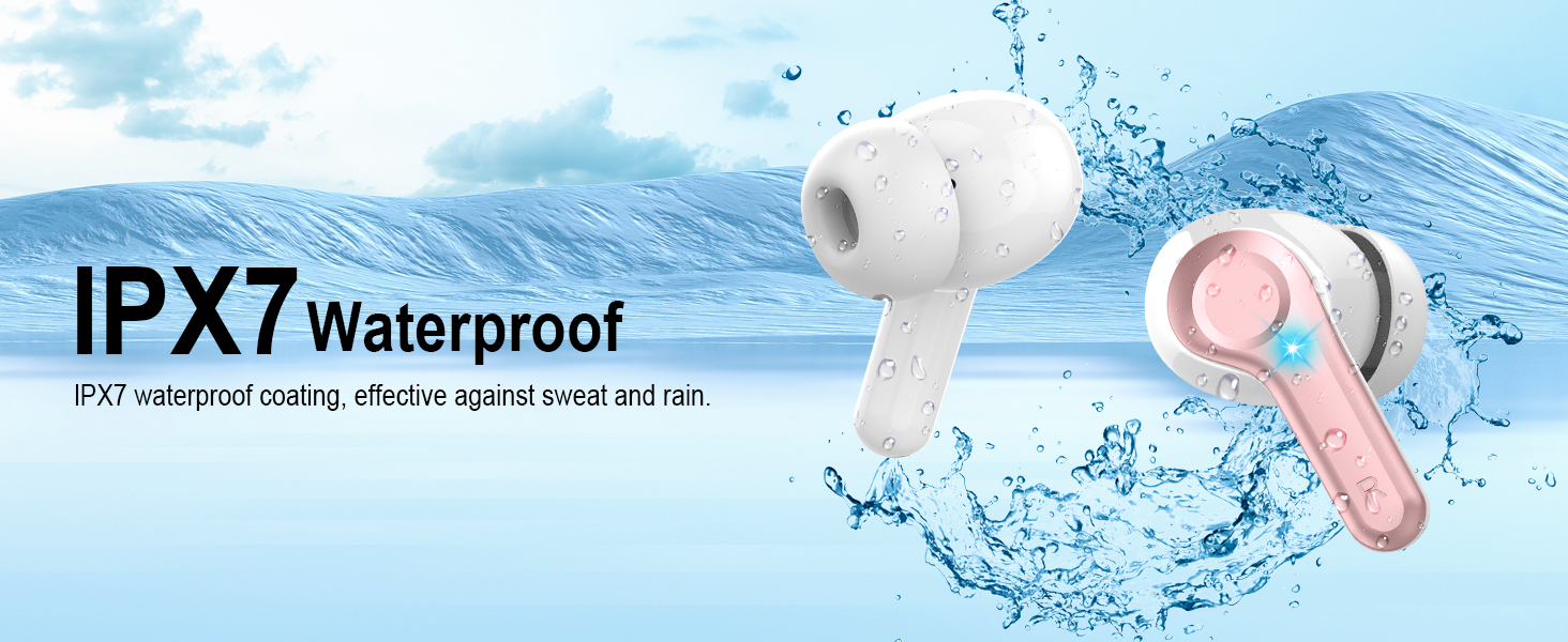 White wireless earbuds with IPX7 waterproof rating, shown with water splashing effect and protective coating certification.