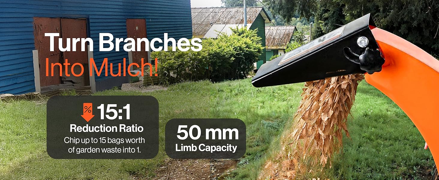 Text reads 'Turn Branches Into Mulch' and '15:1 Reduction Ratio' and '50 mm'. Marketing image showing an orange garden mulcher in action.