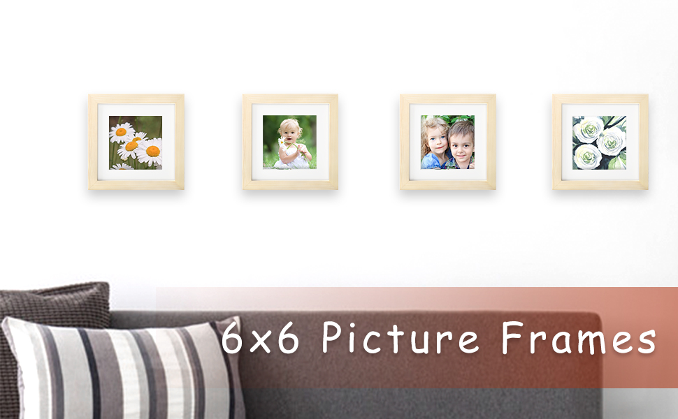 6x6 Grain Picture Frames Square Classic Natural Wood 6 Pack for Wall Mounting and