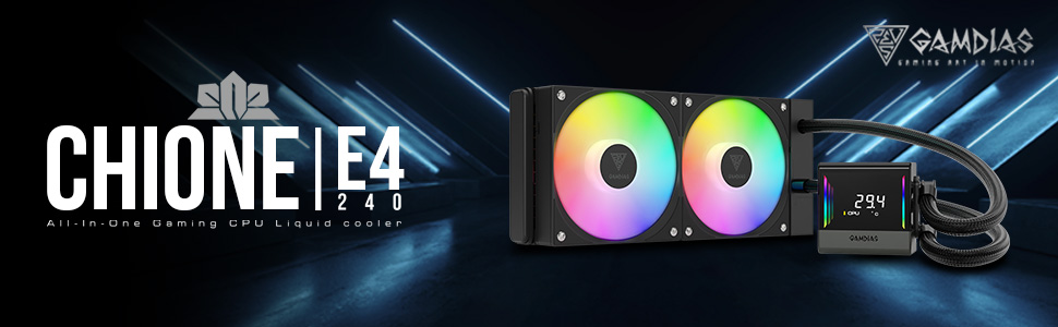 Computer liquid cooling system with two RGB fans and a pump/reservoir unit. Product name 'Chione E4' visible. Colorful lighting effects against dark background.