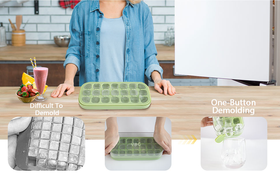Ice Cube Tray with Lid and Bin for Freezer 21 pcs Silicone Ice Cube Mold, No Touch Easy