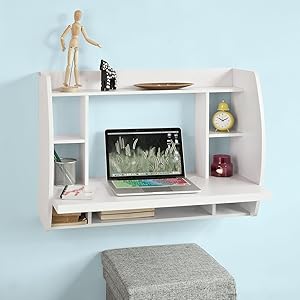 SoBuy Home Office Wall-mounted Table Desk With Shelves,White,FWT18-W 12 FWT18-W