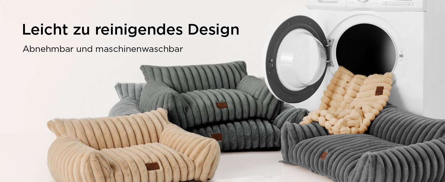 HAUSTIERBETTEN AUS Plüsch in Grau und Beige MIT Gerippter Struktur. Abgebildet Sind KREISFORMIGE UND REHTECKIGE FORMEN. Der Text Weiserd auf Leicht Zugt Zu Reinigenden Design Hin, Das Abnehmbar und MaschinenwaSchbar
