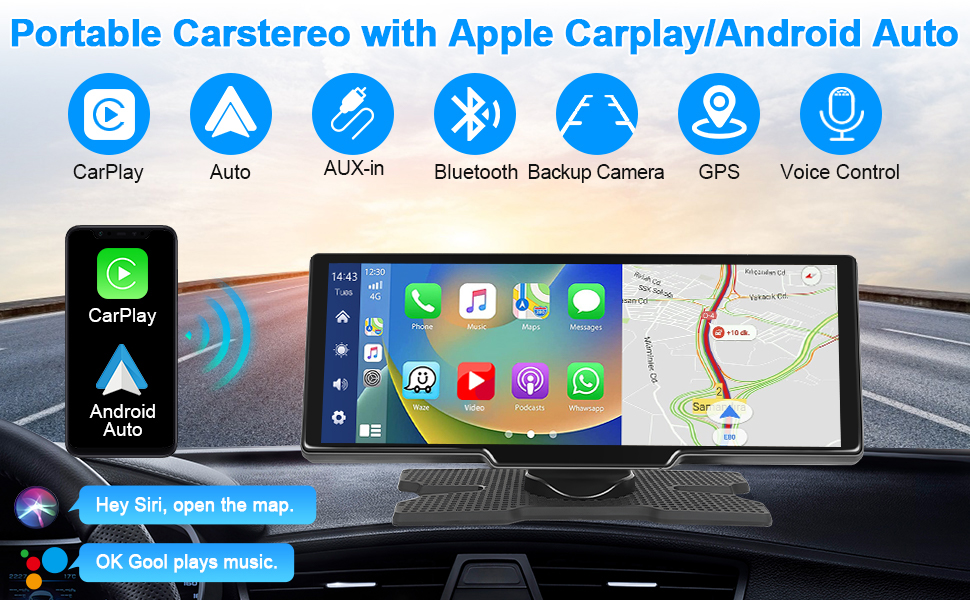 Estéreo inalámbrico portátil para coche Apple Carplay y Android de 10,26 pulgadas