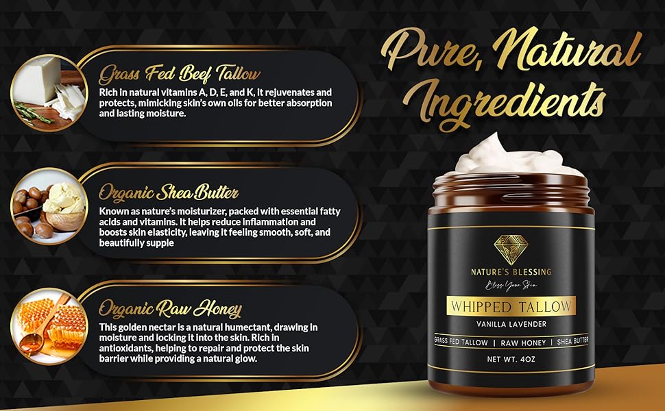 Grass Fed Beef Tallow, Organic Shea Butter, Organic Raw Honey, Natural Ingredients