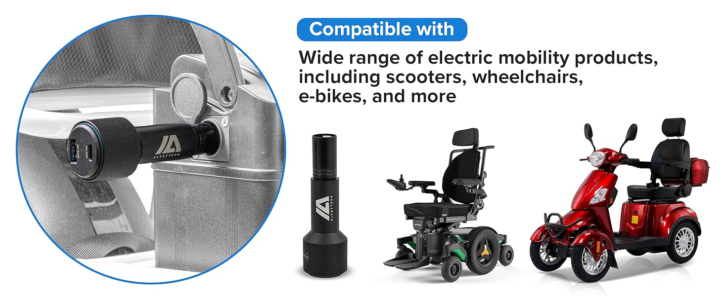 Compatible with many electric mobility products including scooters, wheelchairs, e-bikes, and more