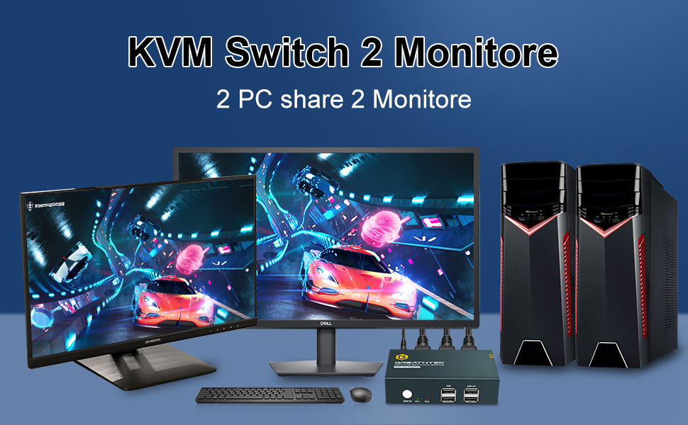 GREATHTEK KVM Switch 2 Monitore 2 Port 4K30Hz, USB2.0, HDCP1.4 HDMI1.4
