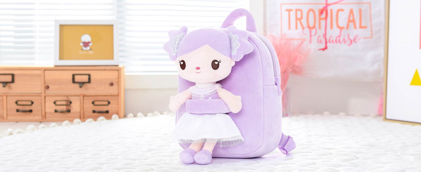  Gloveleya Toddler Backpack Kids Backpack with Candy Purple Doll 9"