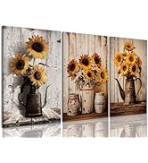 AOYUSMO Sunflower Canvas Wall Art Set of 3 Vintage Floral Wall Art Flower in Pitcher Decor Farmho...