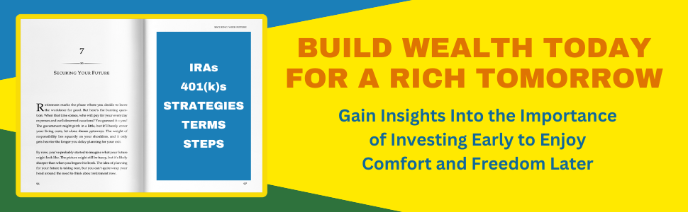 book interior over yellow background with text about saving for future retirement roth ira and 401k 