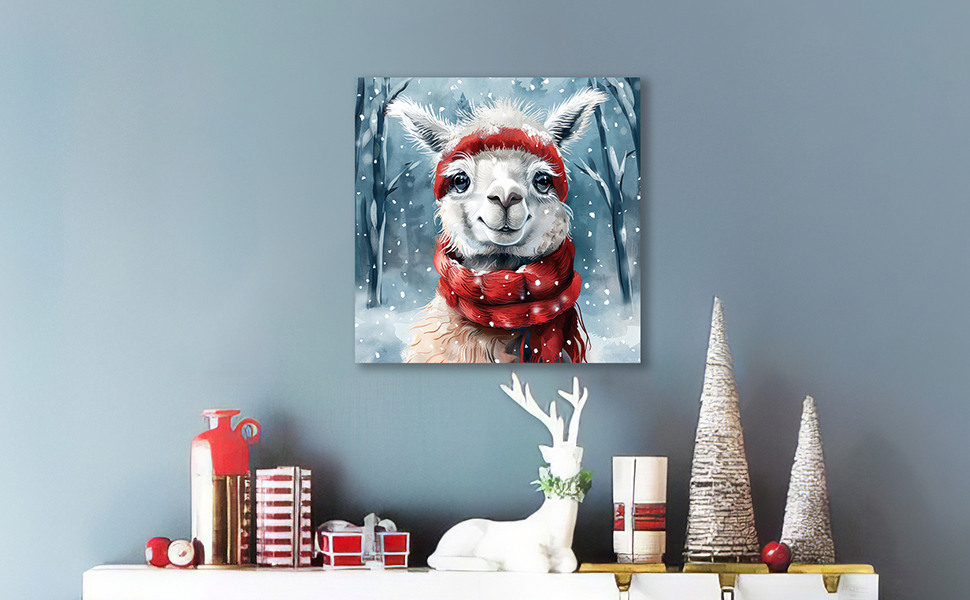 ATELIYISHU Christmas Canvas Wall Art Cute Alpaca Wearing a