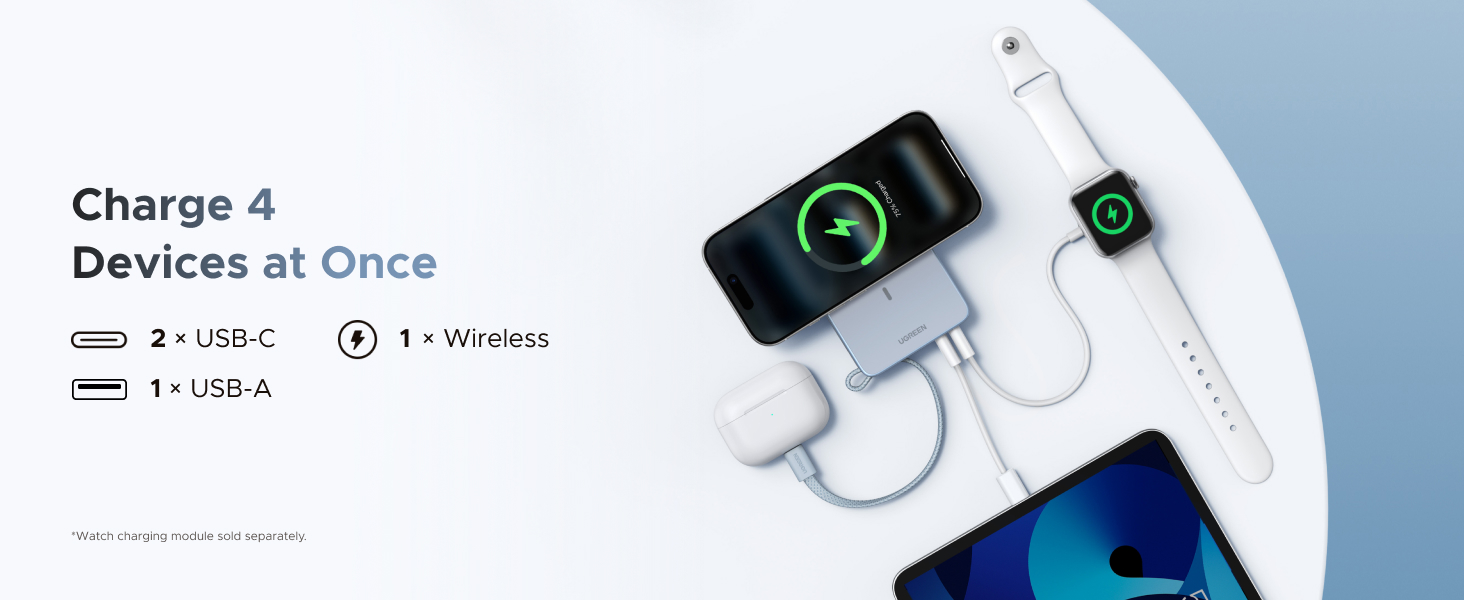 Text reads 'Charge 4 Devices at Once'. Product image showing multi-device charging cable with connected smartphones and watches displaying charging indicators.