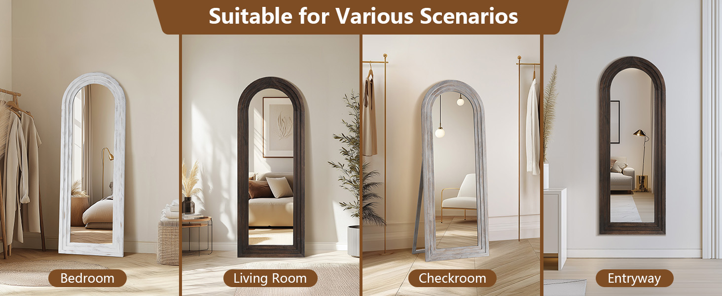 MELOMOIR Arched Full Length Mirror with Solid Wood Frame, Rustic Farmhouse Floor Mirror with Stand, Free Standing Leaning Hanging, for Bedroom Living Room Dressing Room