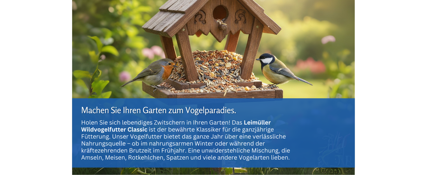 Identisch mit Bild 3 – Vogelhäuschen aus Holz im Garten mit Vogelfutter, einschließlich blauer Informationstafel unten.